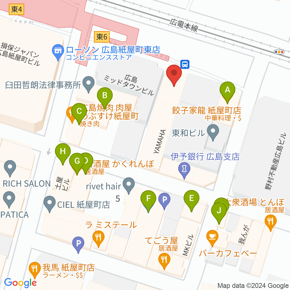ヤマハミュージック 広島店周辺のファミレス・ファーストフード一覧地図
