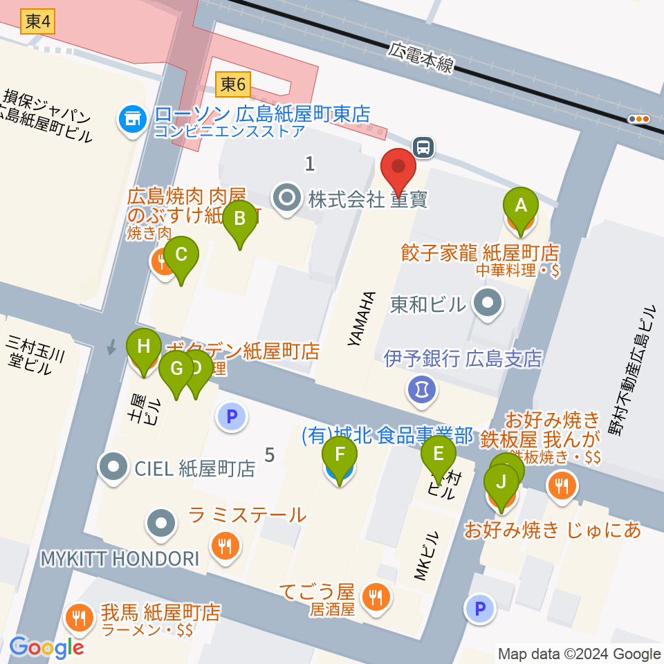 ヤマハミュージック 広島店周辺のファミレス・ファーストフード一覧地図