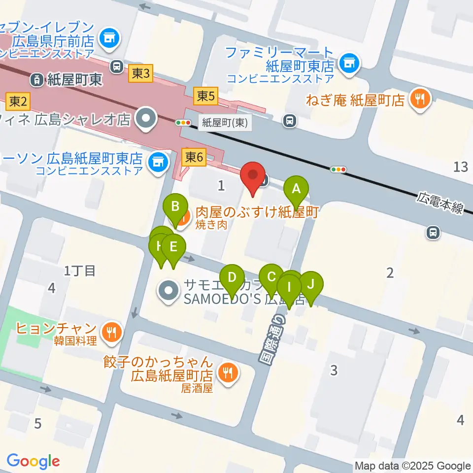 ヤマハミュージック 広島店周辺のファミレス・ファーストフード一覧地図