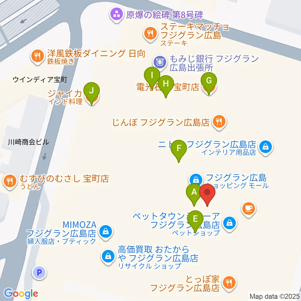 フジグラン広島センター ヤマハミュージック周辺のファミレス・ファーストフード一覧地図