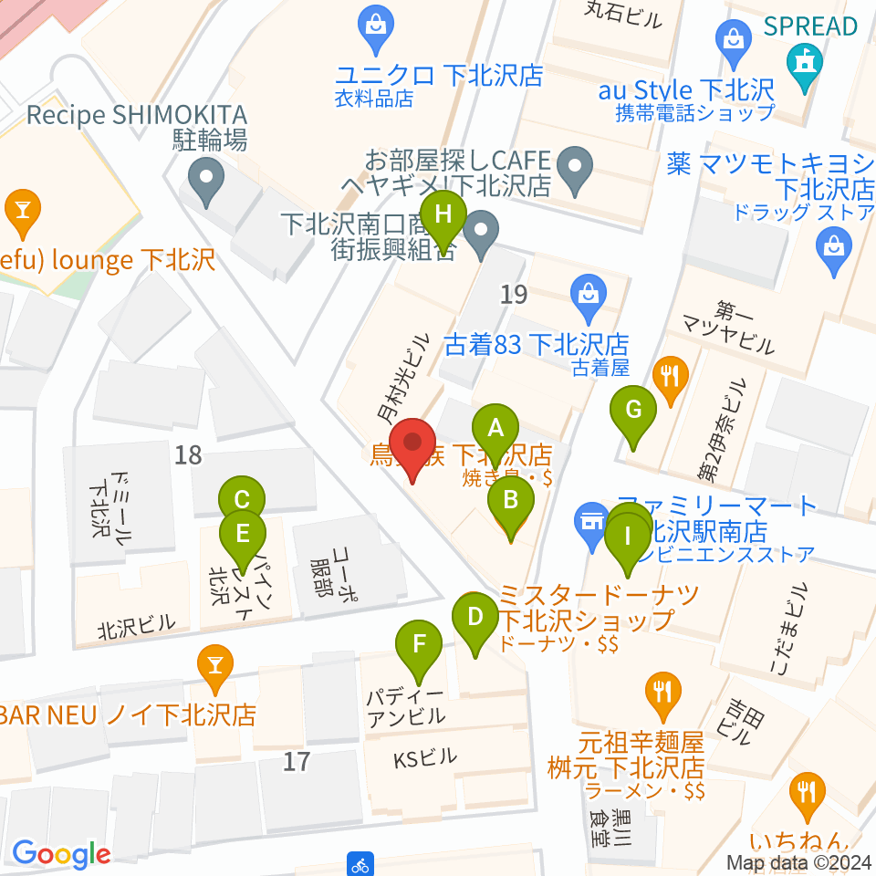 JAZZY SPORT下北沢周辺のファミレス・ファーストフード一覧地図