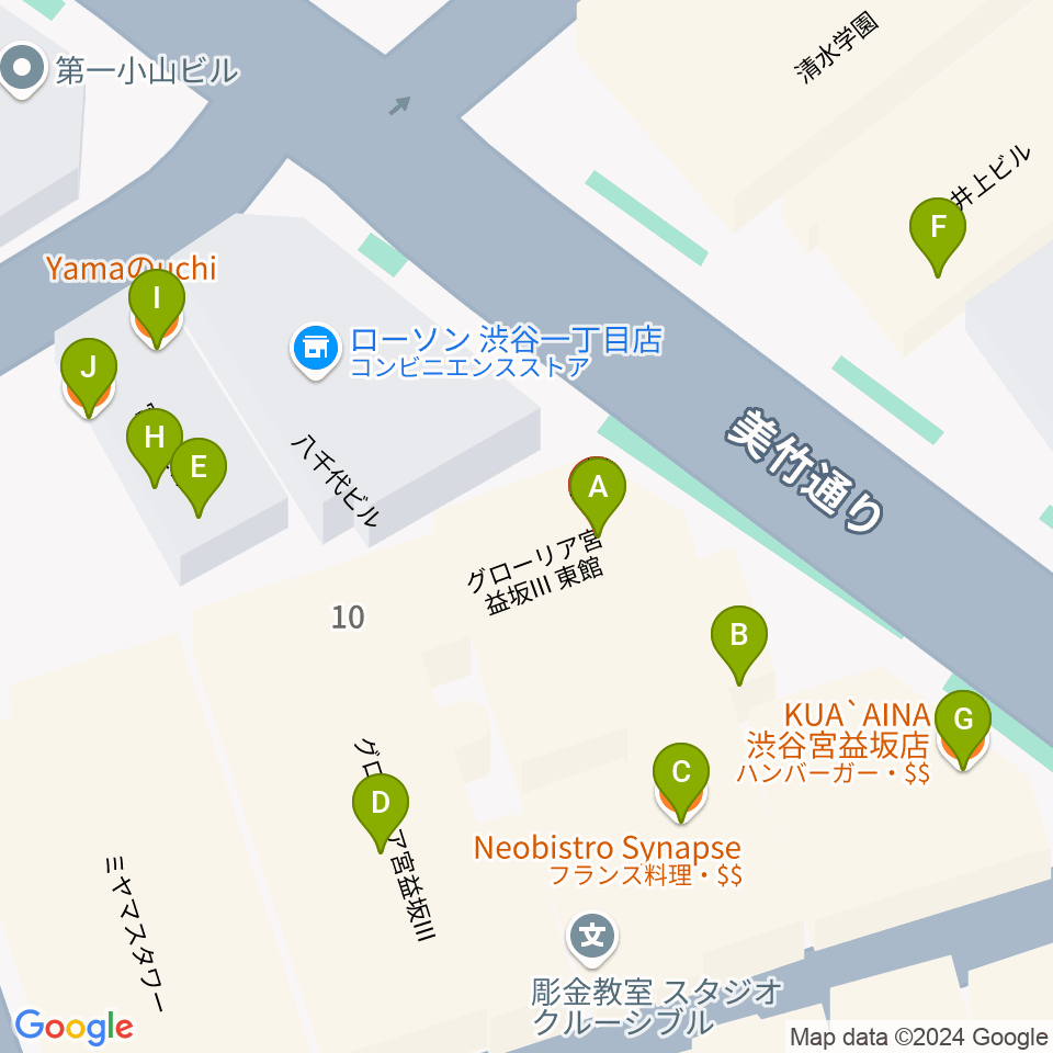 渋谷Family周辺のファミレス・ファーストフード一覧地図