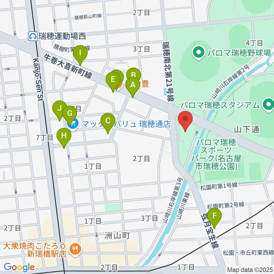 瑞穂文化小劇場周辺のファミレス・ファーストフード一覧地図