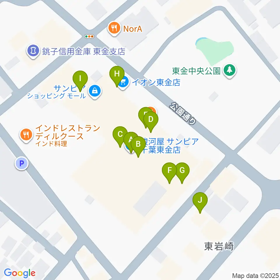 ユニスタイル東金 ヤマハミュージック周辺のファミレス・ファーストフード一覧地図