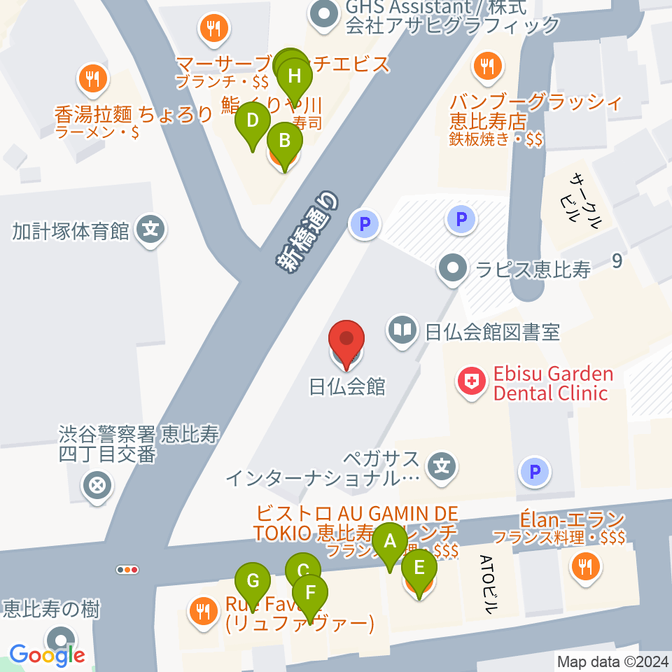 日仏会館ホール周辺のファミレス・ファーストフード一覧地図