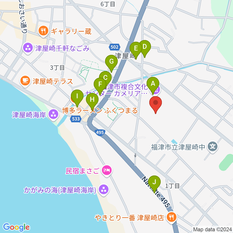 福津市文化会館カメリアホール周辺のファミレス・ファーストフード一覧地図