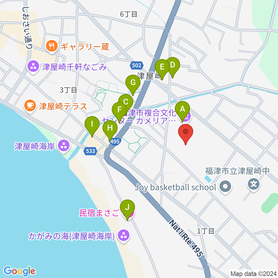 福津市文化会館カメリアホール周辺のファミレス・ファーストフード一覧地図