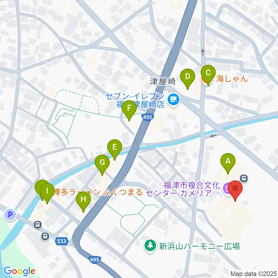 福津市文化会館カメリアホール周辺のファミレス・ファーストフード一覧地図