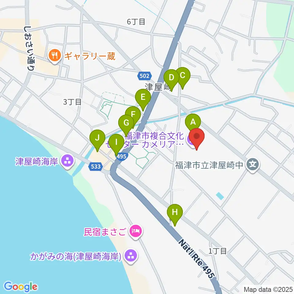 福津市文化会館カメリアホール周辺のファミレス・ファーストフード一覧地図
