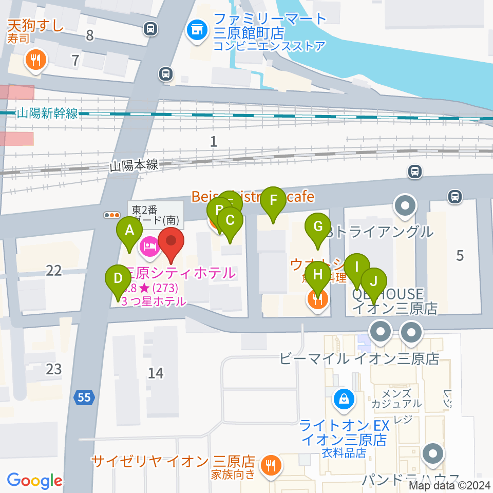 ワタナベミュージックラボ 三原本店周辺のファミレス・ファーストフード一覧地図