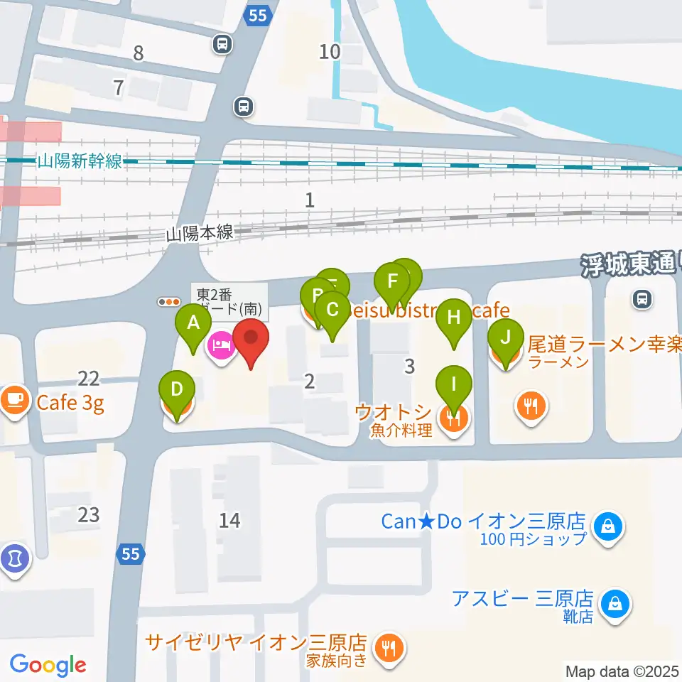 ワタナベミュージックラボ 三原本店周辺のファミレス・ファーストフード一覧地図