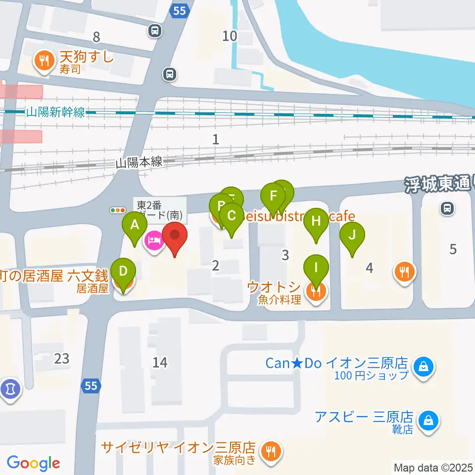 ワタナベミュージックラボ 三原本店周辺のファミレス・ファーストフード一覧地図