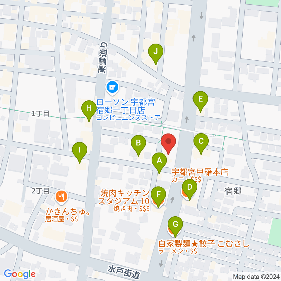 ヤマハミュージック 宇都宮店周辺のファミレス・ファーストフード一覧地図