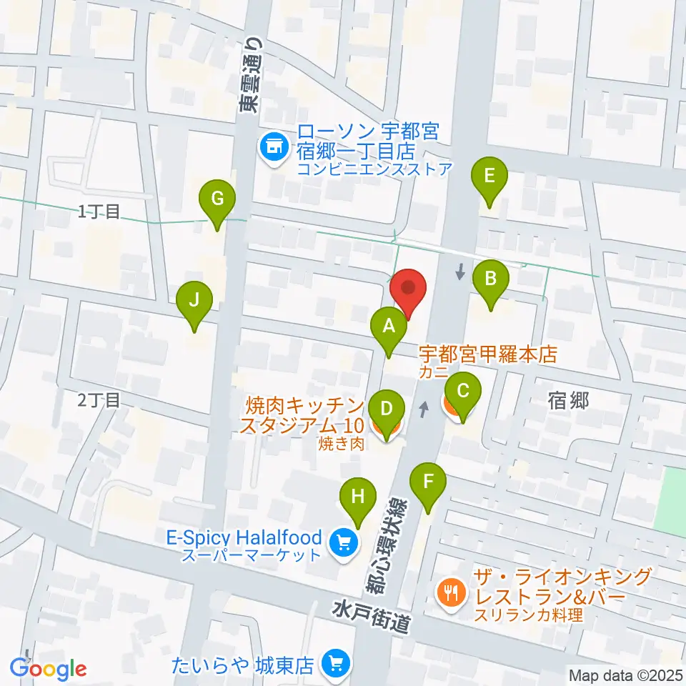 ヤマハミュージック宇都宮店周辺のファミレス・ファーストフード一覧地図