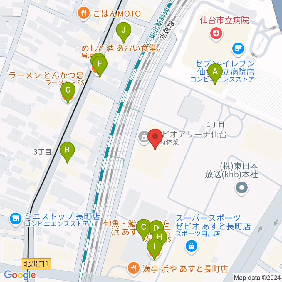 ゼビオアリーナ仙台周辺のファミレス・ファーストフード一覧地図