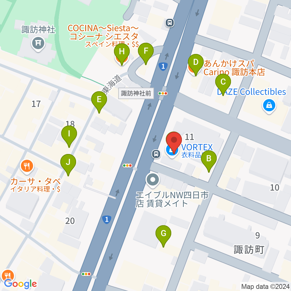 四日市VORTEX周辺のファミレス・ファーストフード一覧地図