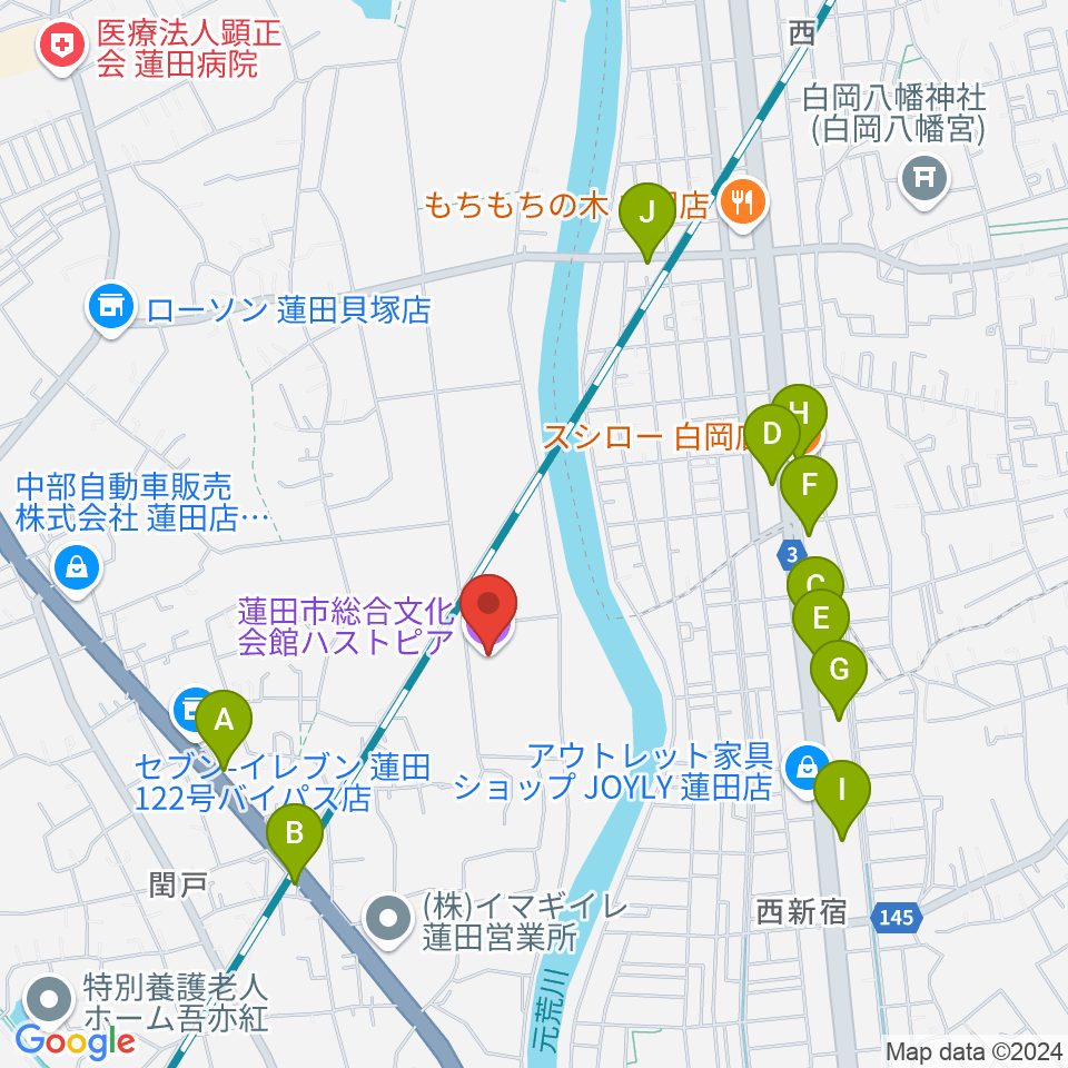 蓮田市総合文化会館ハストピア周辺のファミレス・ファーストフード一覧地図