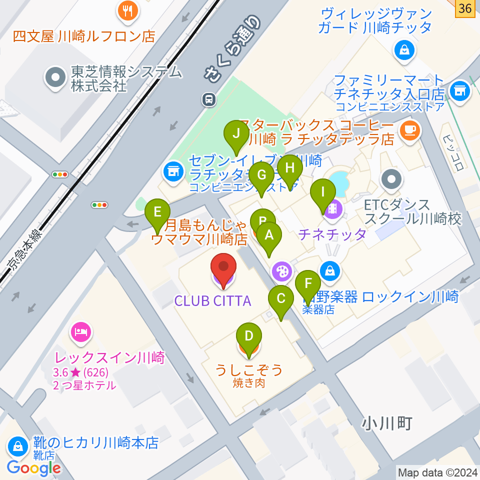 クラブチッタ周辺のファミレス・ファーストフード一覧地図