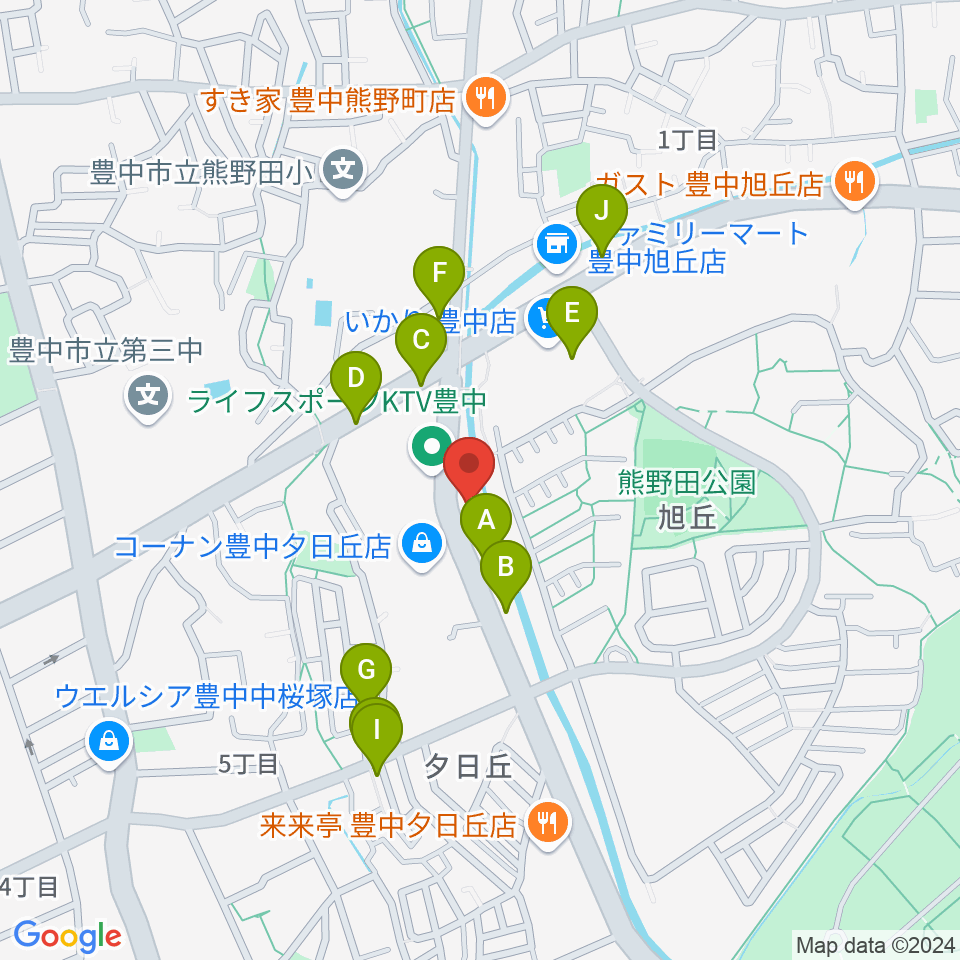 ルビーノ音楽教室周辺のファミレス・ファーストフード一覧地図