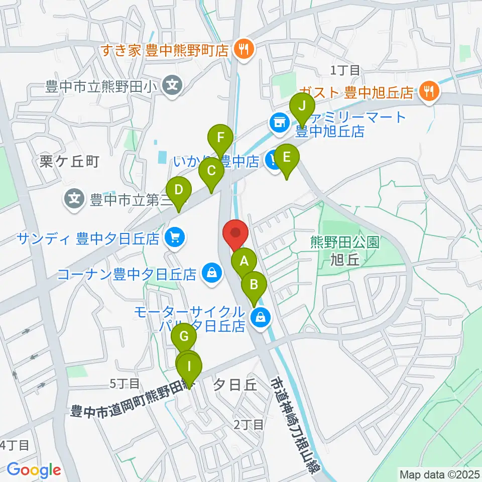 ルビーノ音楽教室周辺のファミレス・ファーストフード一覧地図