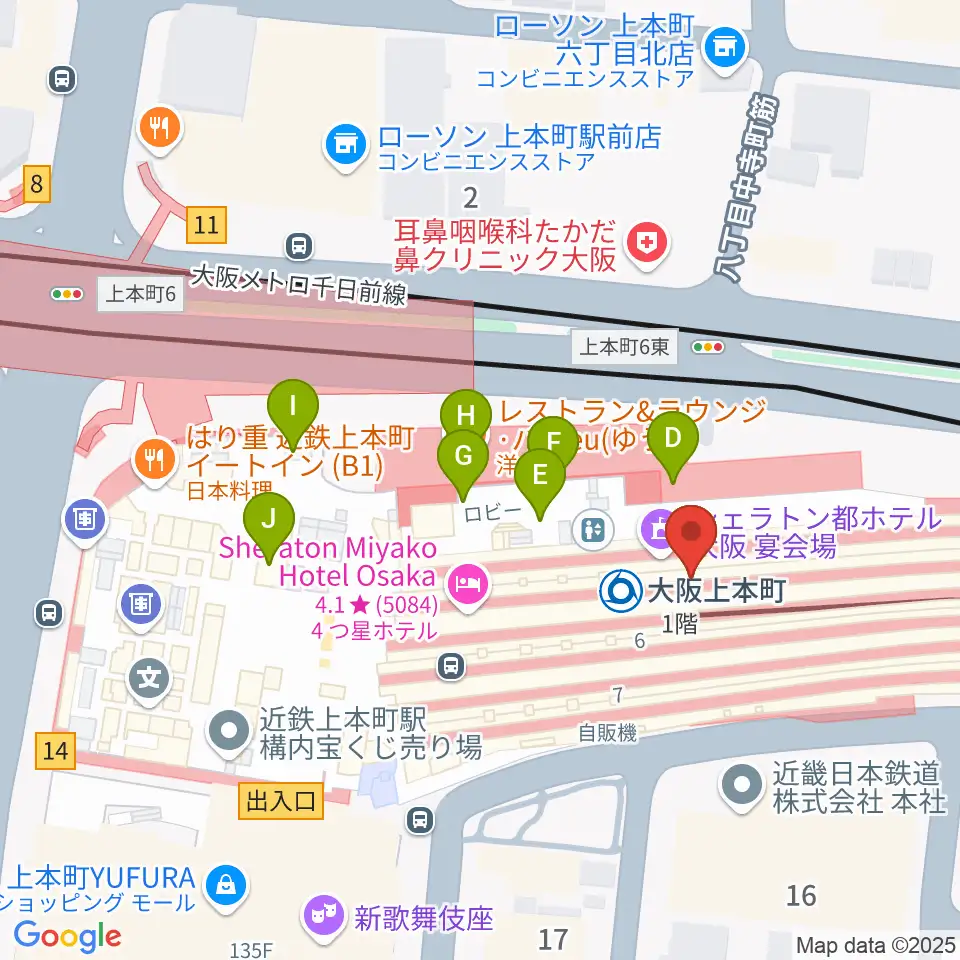 小阪楽器 上本町近鉄店周辺のファミレス・ファーストフード一覧地図