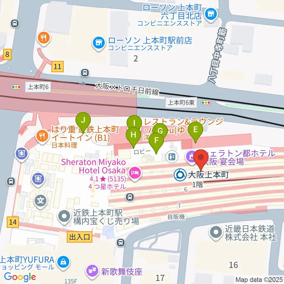 小阪楽器 上本町近鉄店周辺のファミレス・ファーストフード一覧地図