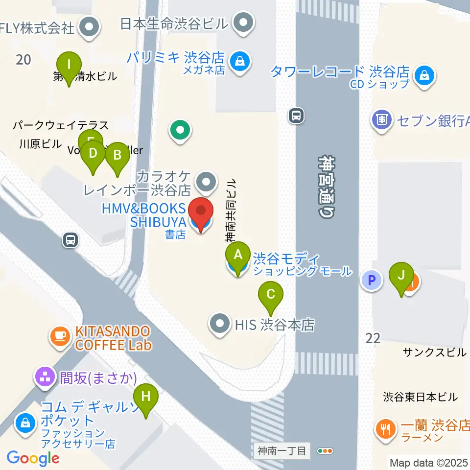 HMV&BOOKS SHIBUYA周辺のファミレス・ファーストフード一覧地図