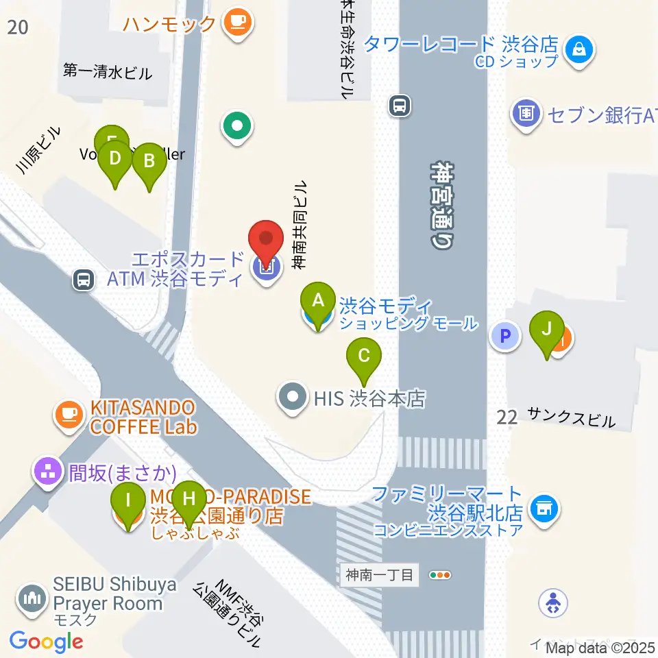 HMV&BOOKS SHIBUYA周辺のファミレス・ファーストフード一覧地図
