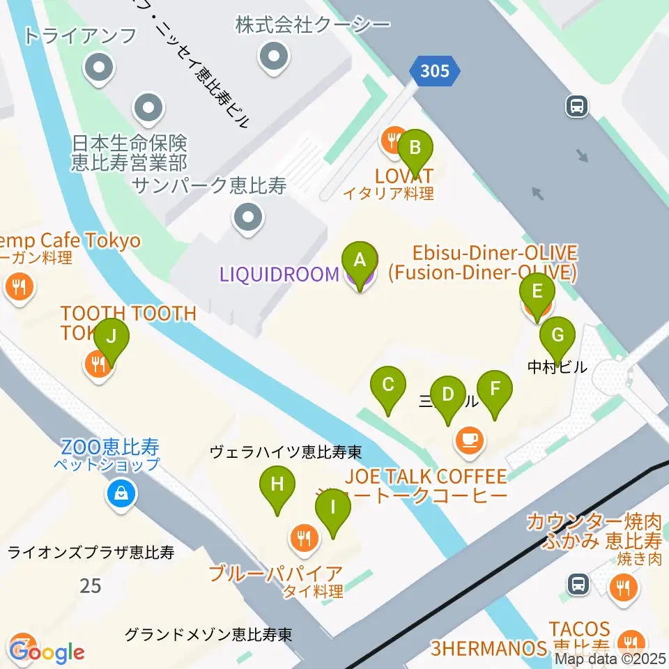 恵比寿リキッドルーム周辺のファミレス・ファーストフード一覧地図
