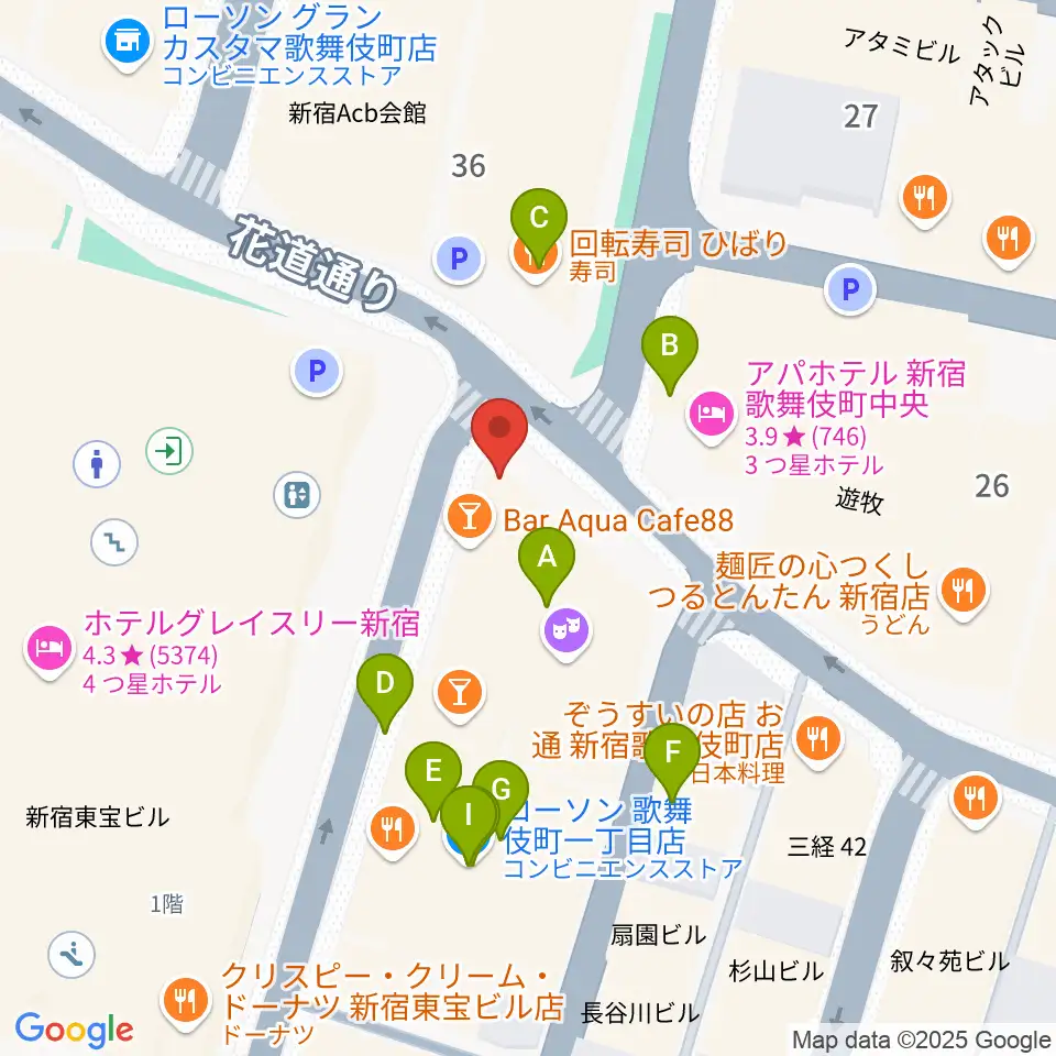 新宿ロフト周辺のファミレス・ファーストフード一覧地図