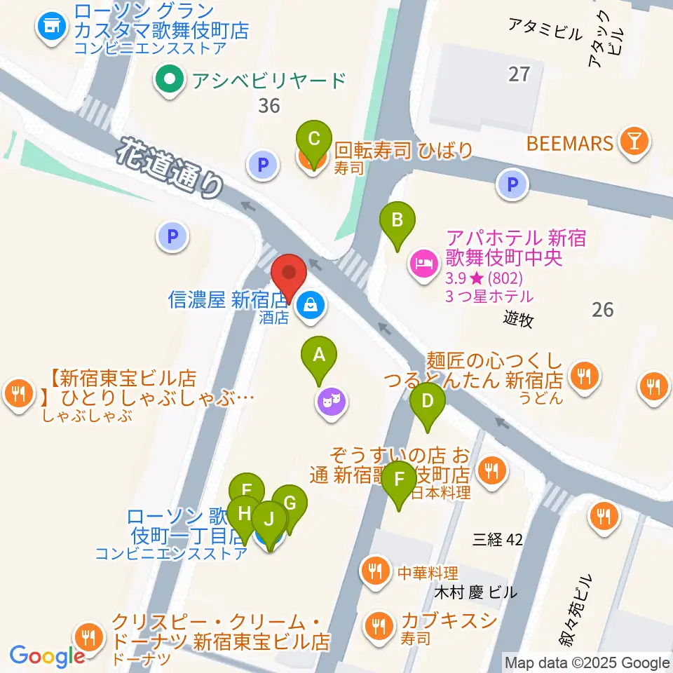 新宿ロフト周辺のファミレス・ファーストフード一覧地図