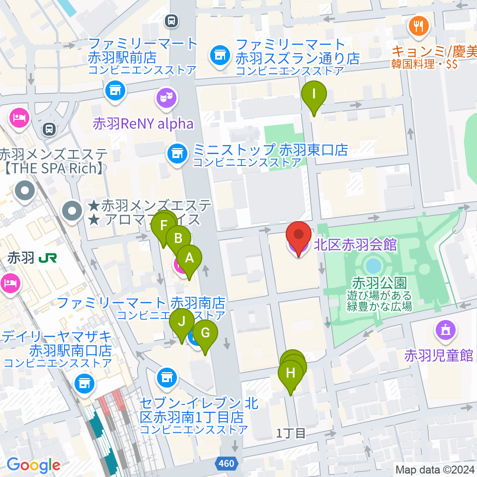 赤羽会館周辺のファミレス・ファーストフード一覧地図