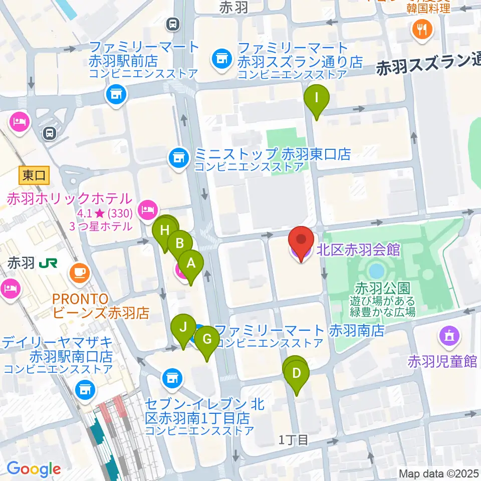 赤羽会館周辺のファミレス・ファーストフード一覧地図