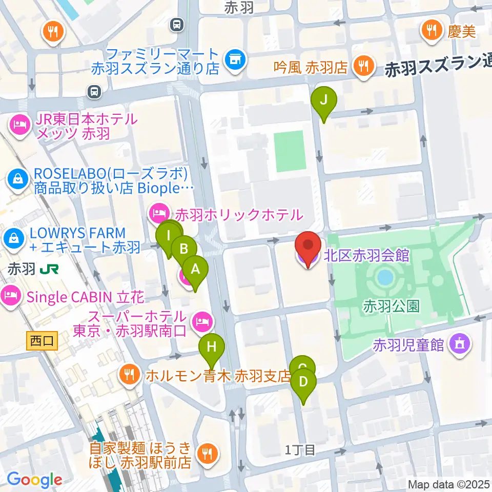 赤羽会館周辺のファミレス・ファーストフード一覧地図