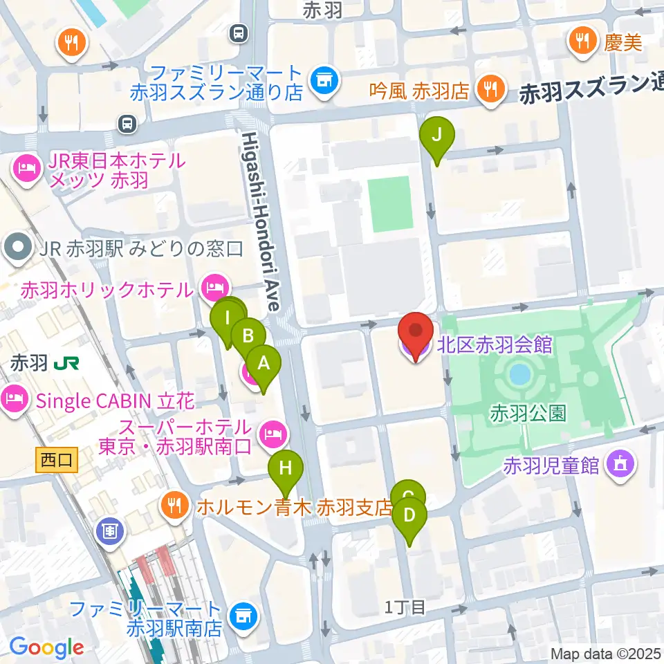 赤羽会館周辺のファミレス・ファーストフード一覧地図