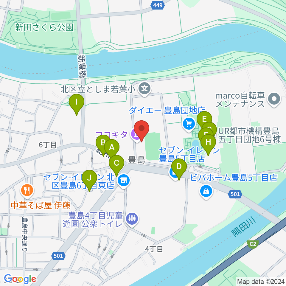 ココキタ周辺のファミレス・ファーストフード一覧地図