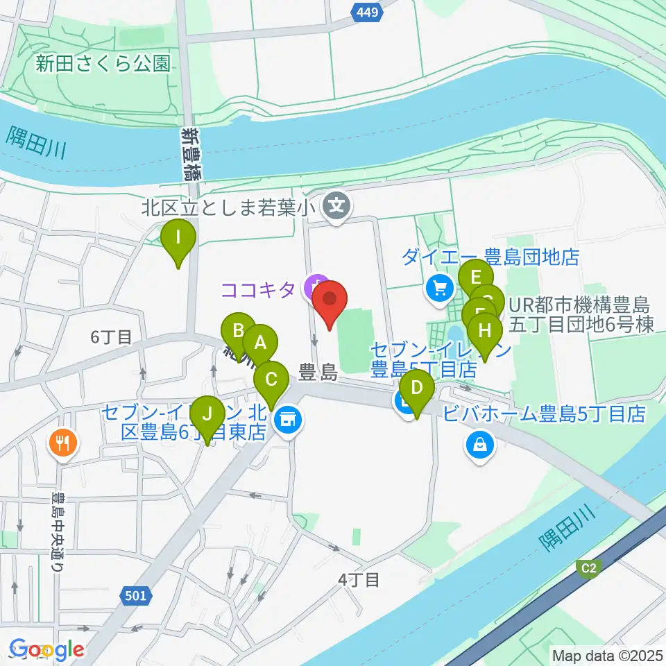 ココキタ周辺のファミレス・ファーストフード一覧地図
