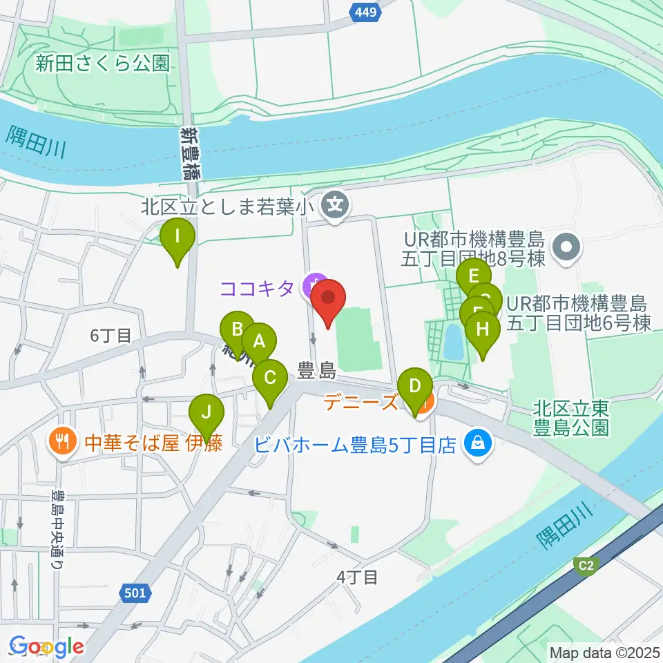 ココキタ周辺のファミレス・ファーストフード一覧地図