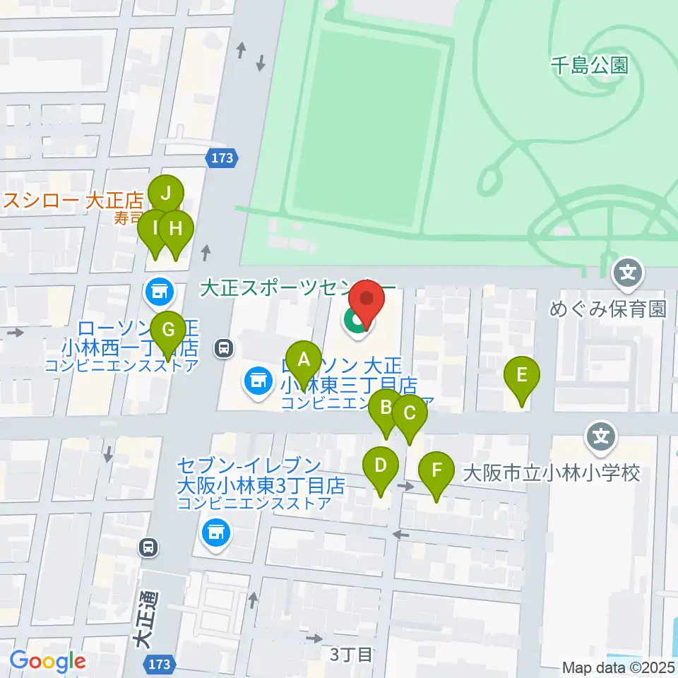 アゼリア大正ホール周辺のファミレス・ファーストフード一覧地図