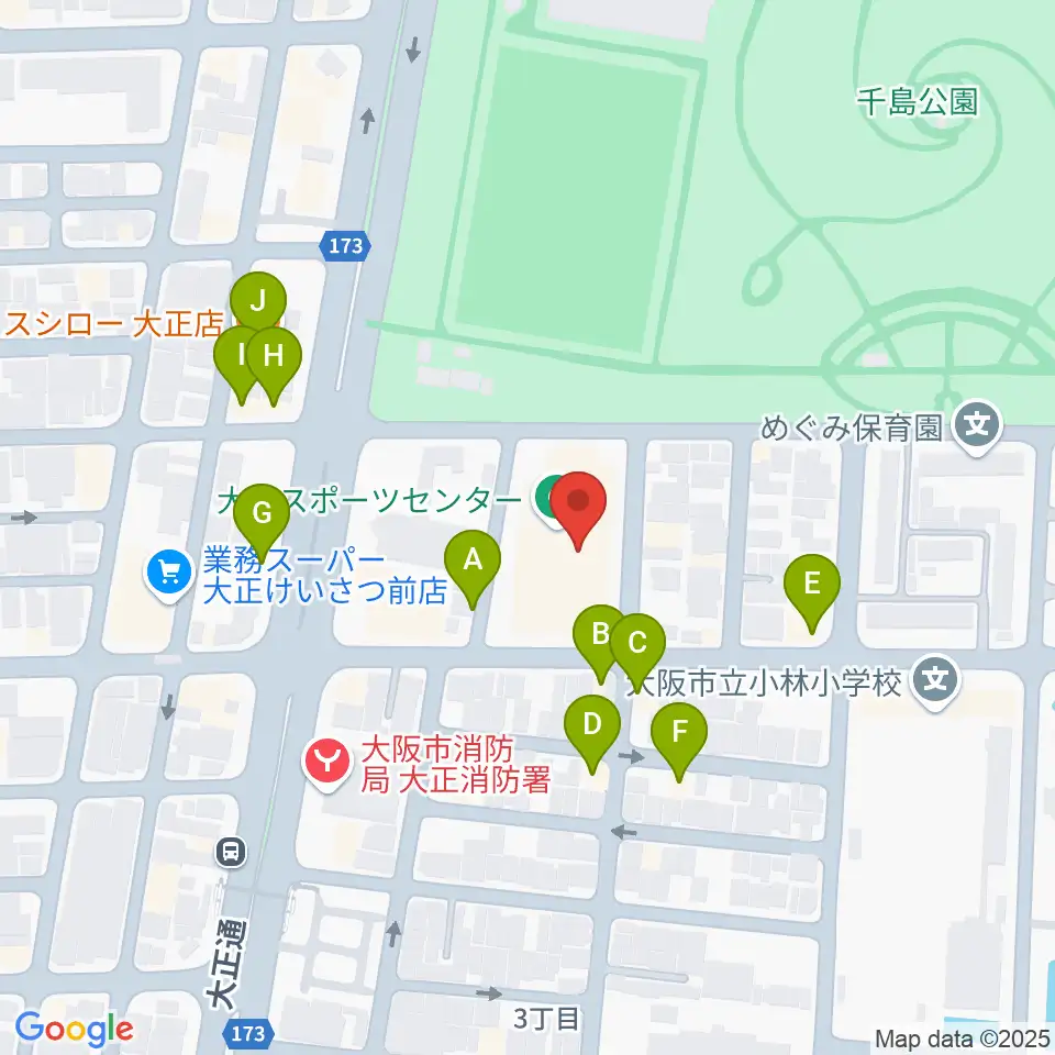 アゼリア大正ホール周辺のファミレス・ファーストフード一覧地図