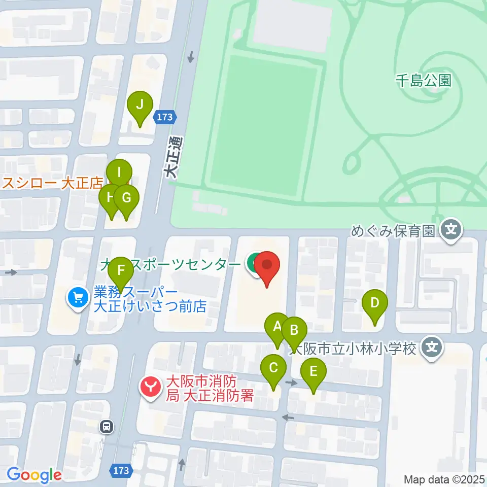 アゼリア大正ホール周辺のファミレス・ファーストフード一覧地図