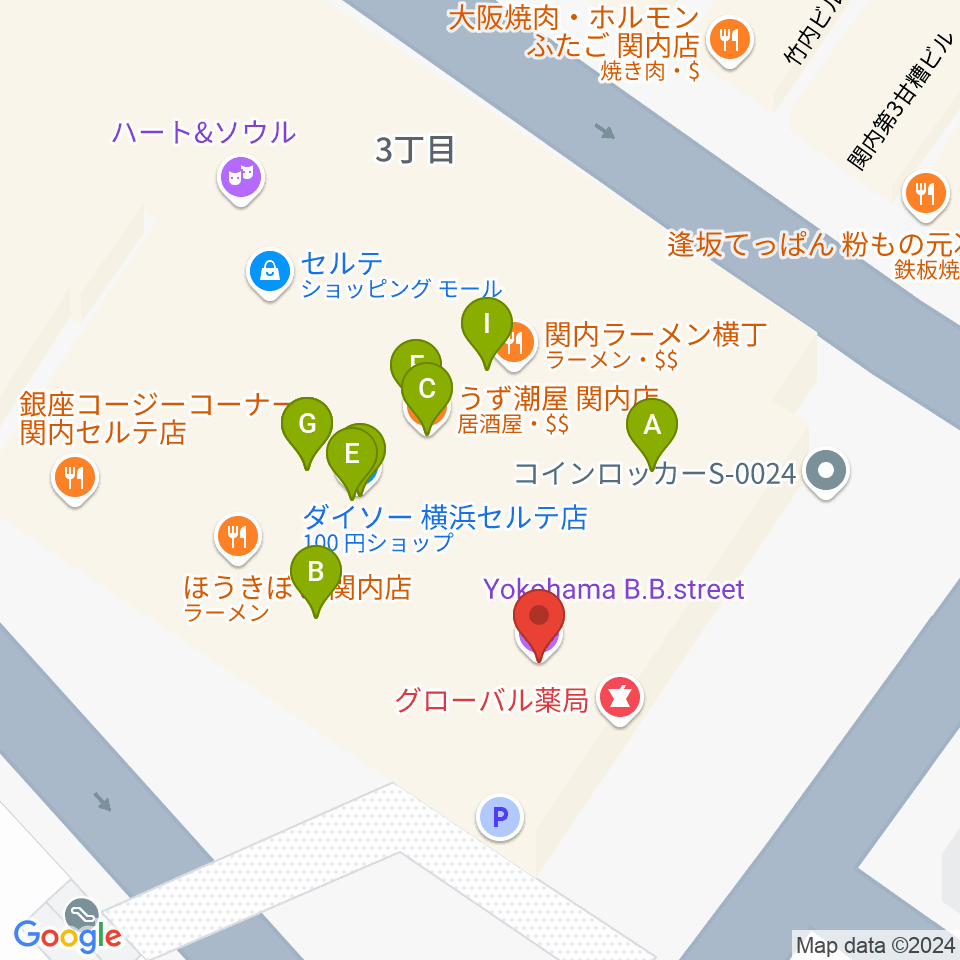 横浜B.B.STREET周辺のファミレス・ファーストフード一覧地図