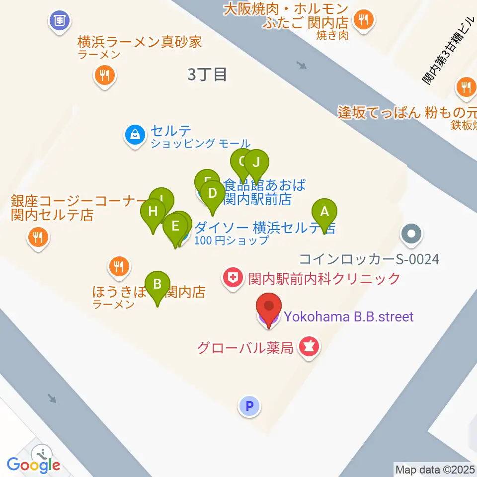 横浜B.B.STREET周辺のファミレス・ファーストフード一覧地図