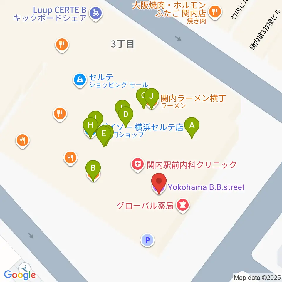 横浜B.B.STREET周辺のファミレス・ファーストフード一覧地図
