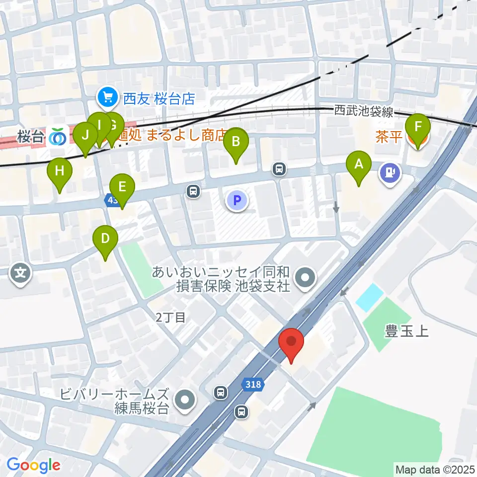 トーン音楽教室 練馬桜台校周辺のファミレス・ファーストフード一覧地図