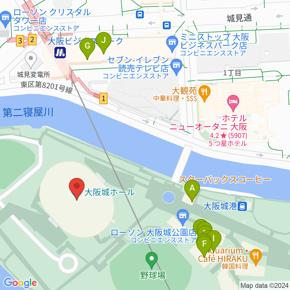 大阪城ホール周辺のファミレス・ファーストフード一覧地図