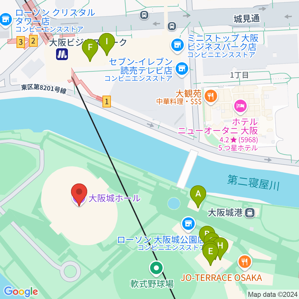 大阪城ホール周辺のファミレス・ファーストフード一覧地図