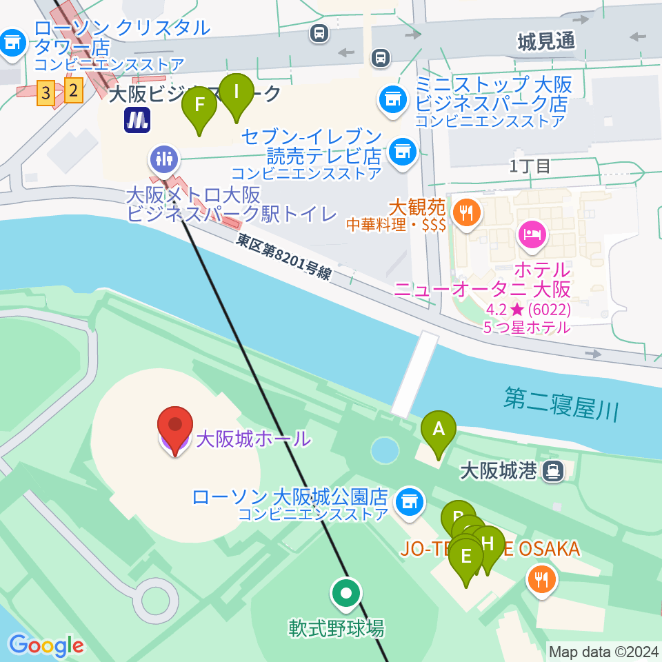 大阪城ホール周辺のファミレス・ファーストフード一覧地図