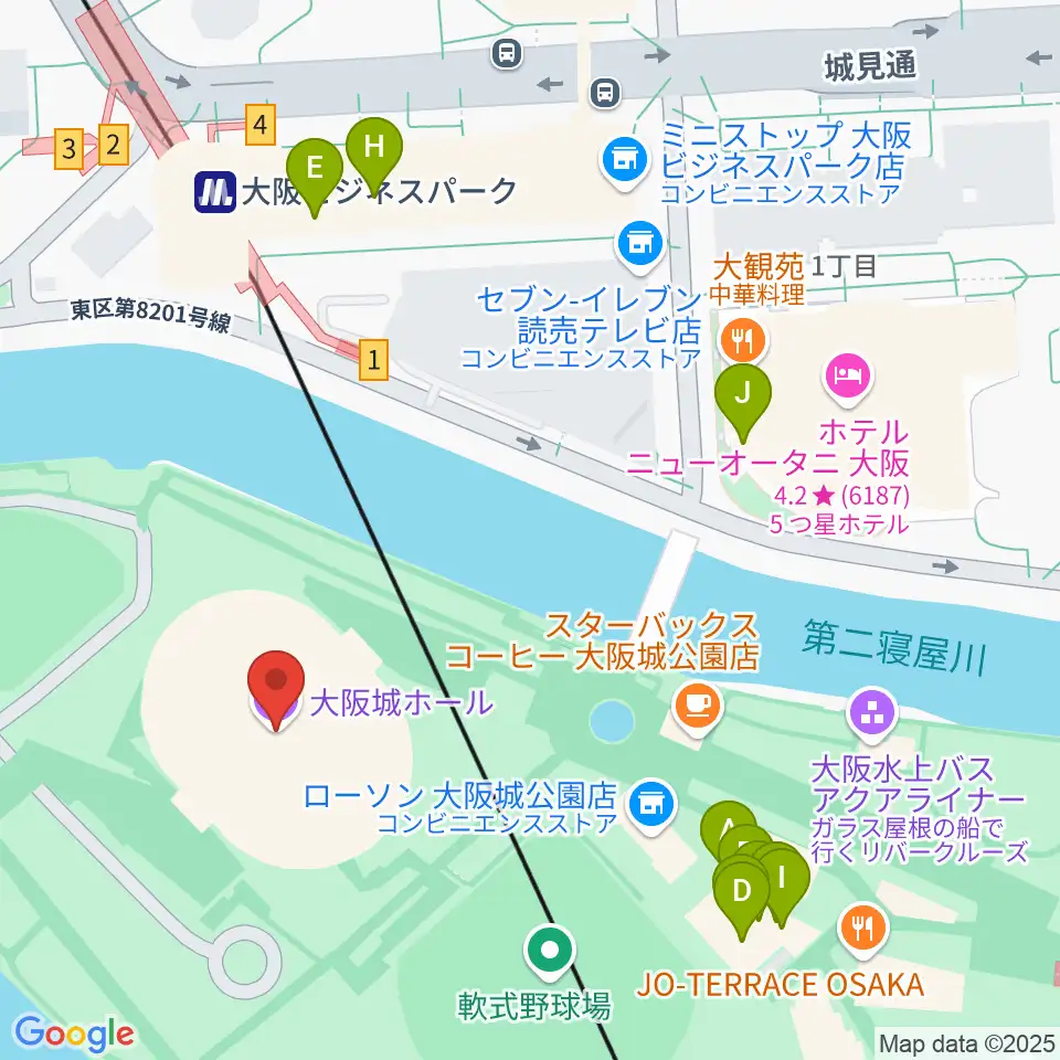 大阪城ホール周辺のファミレス・ファーストフード一覧地図