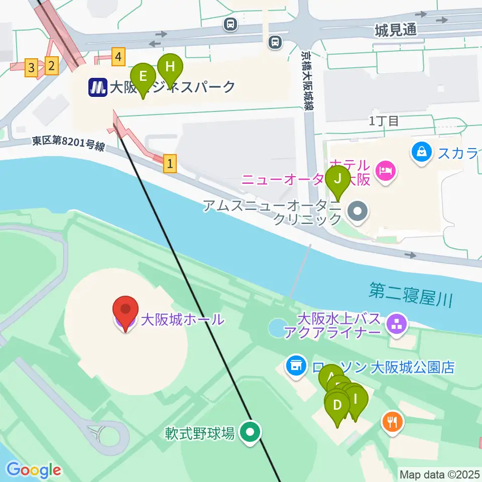 大阪城ホール周辺のファミレス・ファーストフード一覧地図